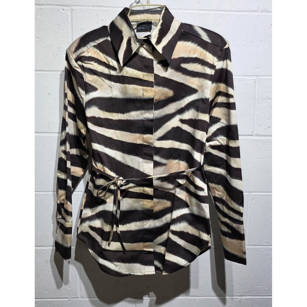 ASOS DESIGN Zebra‎ Print Button Down Shirt with Tie Waist Women's Size 4